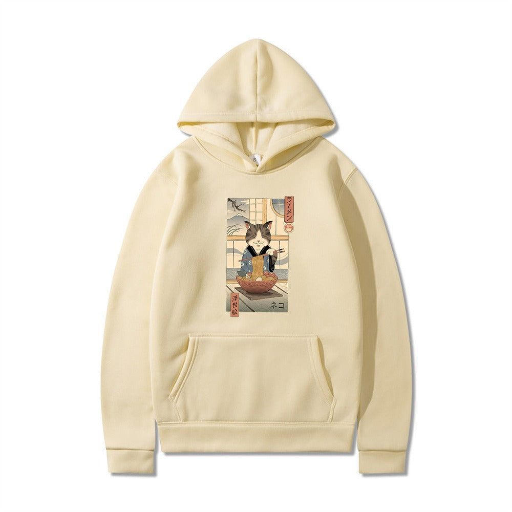 Samurai Cat Harajuku Wind Adventure Illustration Print Leisure Life Hooded Hoodie for Men and Women