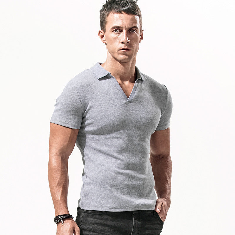 Collar T-shirt men's short sleeved solid color V-neck elastic men's top