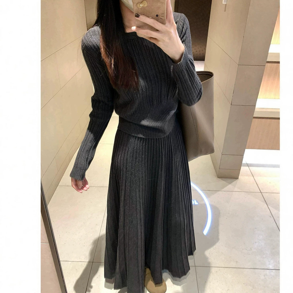 Knit Two-Piece Set Dress, Waist-Cinching Relaxed Fit Long Dress for Women