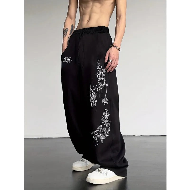 Dark Gothic Gun Print Loose Wide-Leg Drawstring Unisex Sweatpants