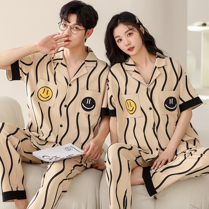 Summer short sleeved couple pajamas pure cotton women's home clothing casual and wearable set