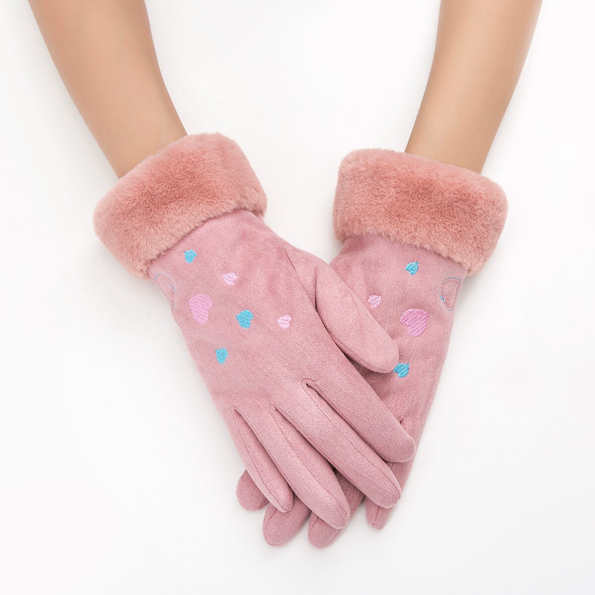 Women'S Gloves Winter Warm Color Suede Five Fingers Gloves Cute With Embroidered Heart Autumn Plus Velvet Thick Touch Screen