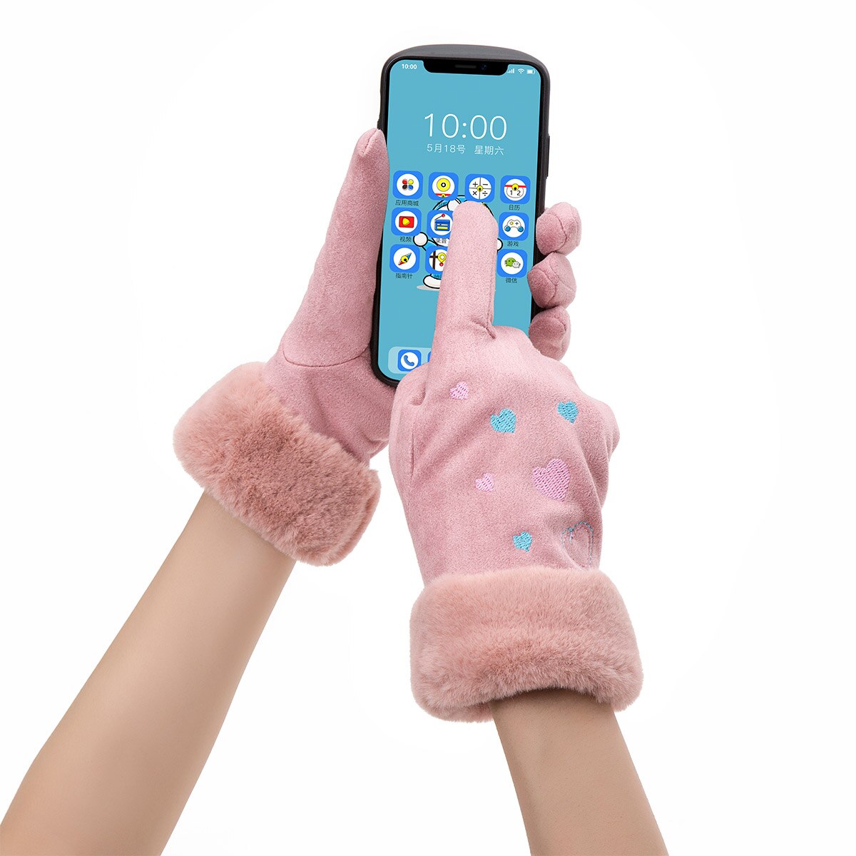 Women'S Gloves Winter Warm Color Suede Five Fingers Gloves Cute With Embroidered Heart Autumn Plus Velvet Thick Touch Screen