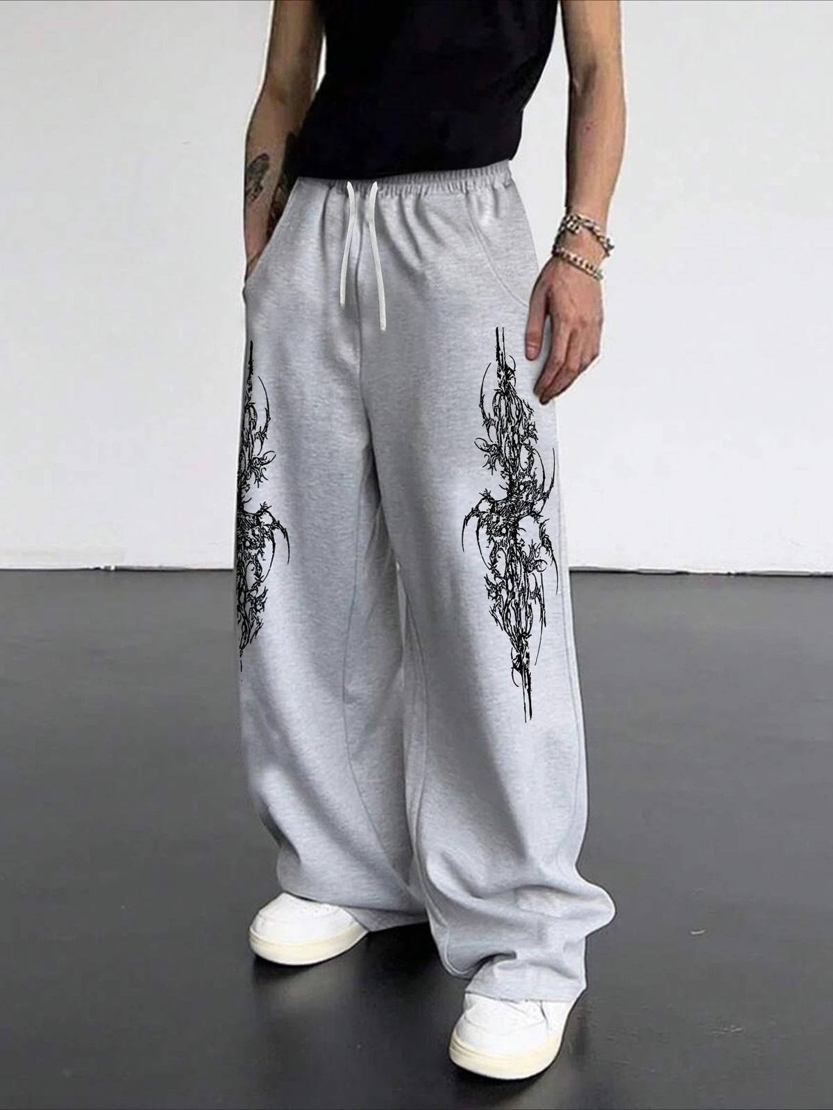 Dark Gothic Print Loose Wide Leg Drawstring Sweatpants