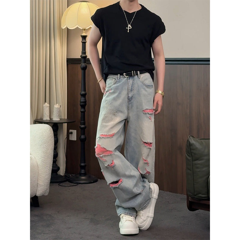 Casual Vintage Street Style Washed Denim Pants for Men, Loose Fit, Fashionable and Versatile Straight Leg Jeans
