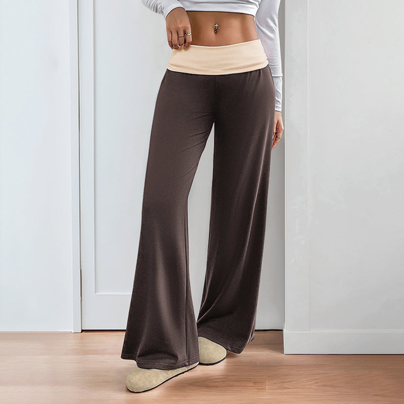 Brown Spliced Low Waist Wide Leg Casual Long Pants
