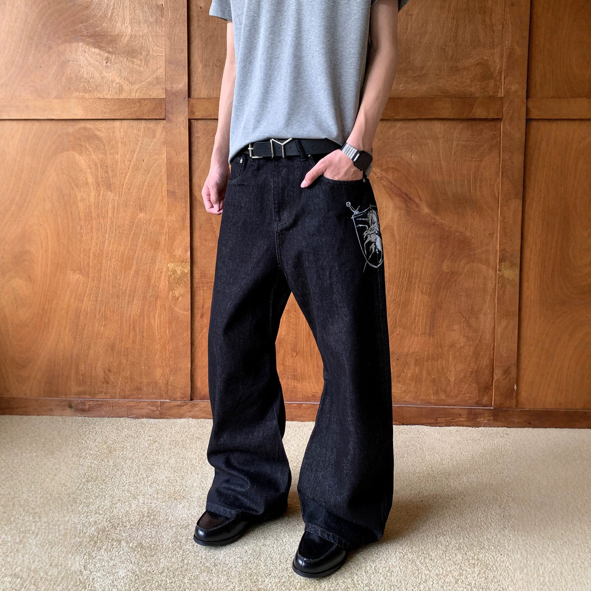 Men's American Style Black Knife-Edge Jeans High Street Cool and Fashionable Design Long Pants