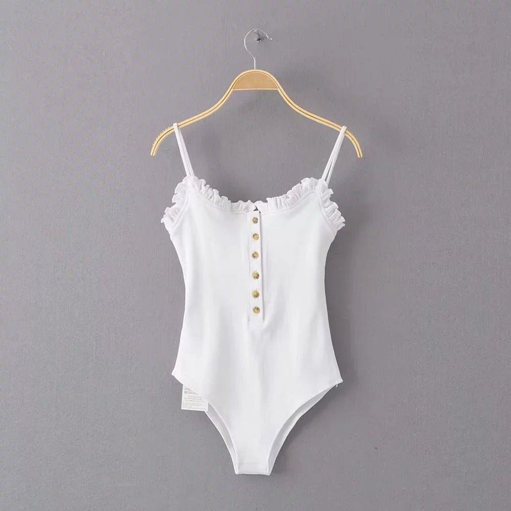 Mushroom edge open cut jumpsuit women's breasted camisole vest