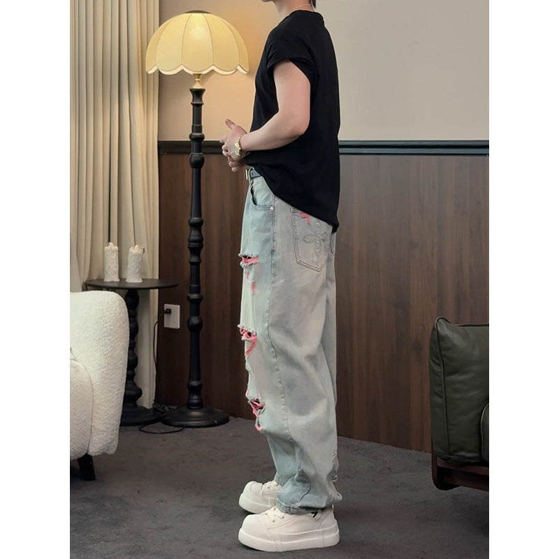 Casual Vintage Street Style Washed Denim Pants for Men, Loose Fit, Fashionable and Versatile Straight Leg Jeans