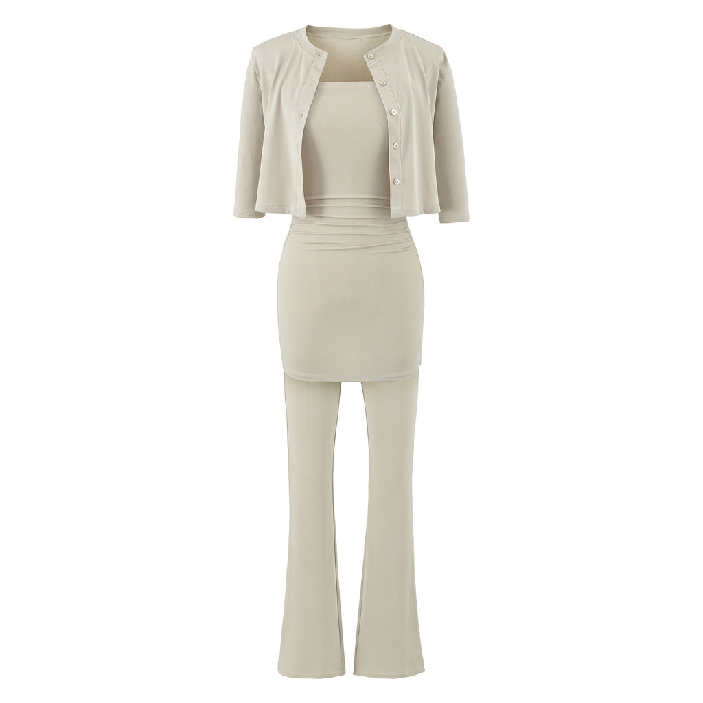Women's Early Stretch Knit 3-Piece Set Off-Shoulder Tube Top Cropped Cardigan Flared Slim-Fit Pants