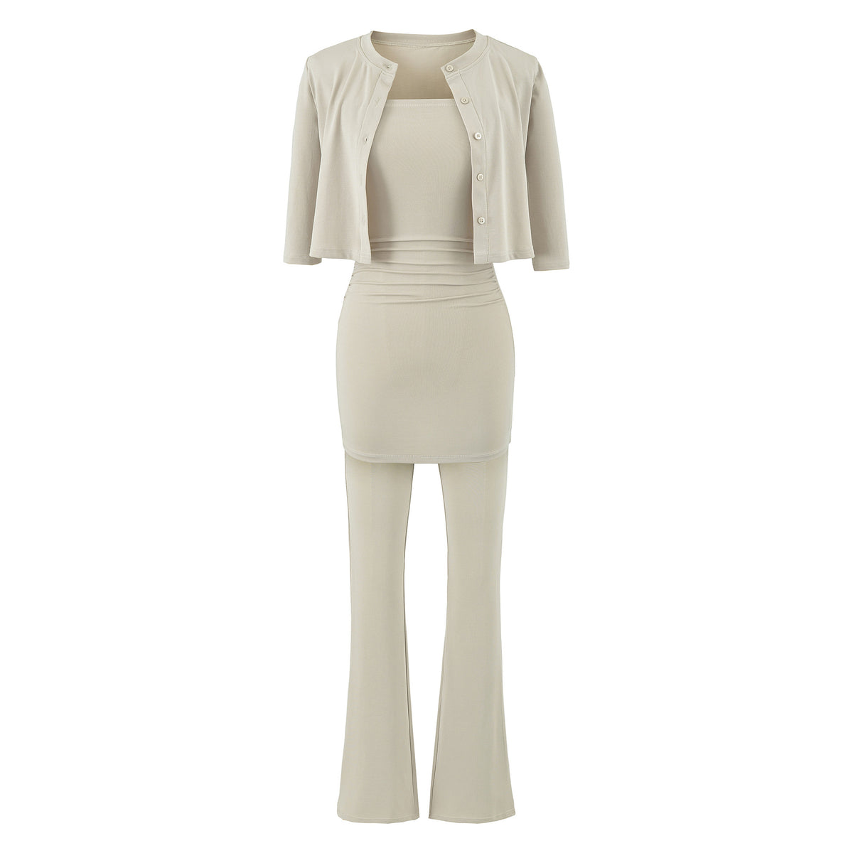 Women's Early Stretch Knit 3-Piece Set Off-Shoulder Tube Top Cropped Cardigan Flared Slim-Fit Pants