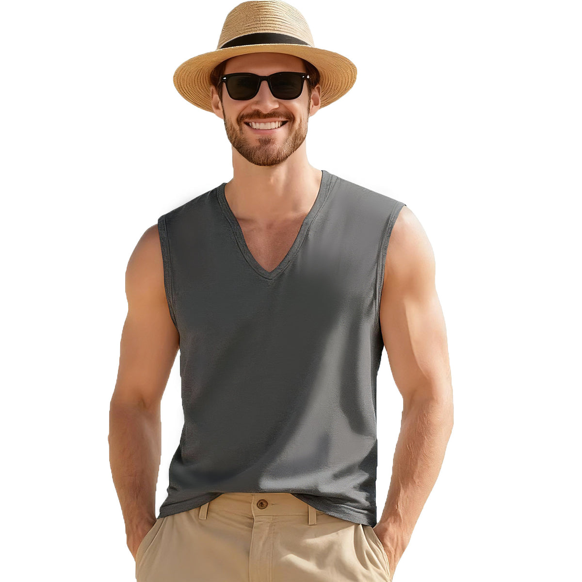 Fashionable Loose Fit Men's Solid Color V-Neck Sleeveless Breathable Gym Workout Vest Summer