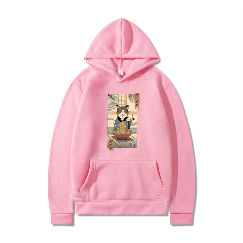 Samurai Cat Harajuku Wind Adventure Illustration Print Leisure Life Hooded Hoodie for Men and Women