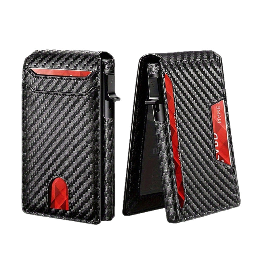 Carbon fiber patterned men's wallet wallet two fold flip card box anti-theft brush wallet magnetic suction side push card bag