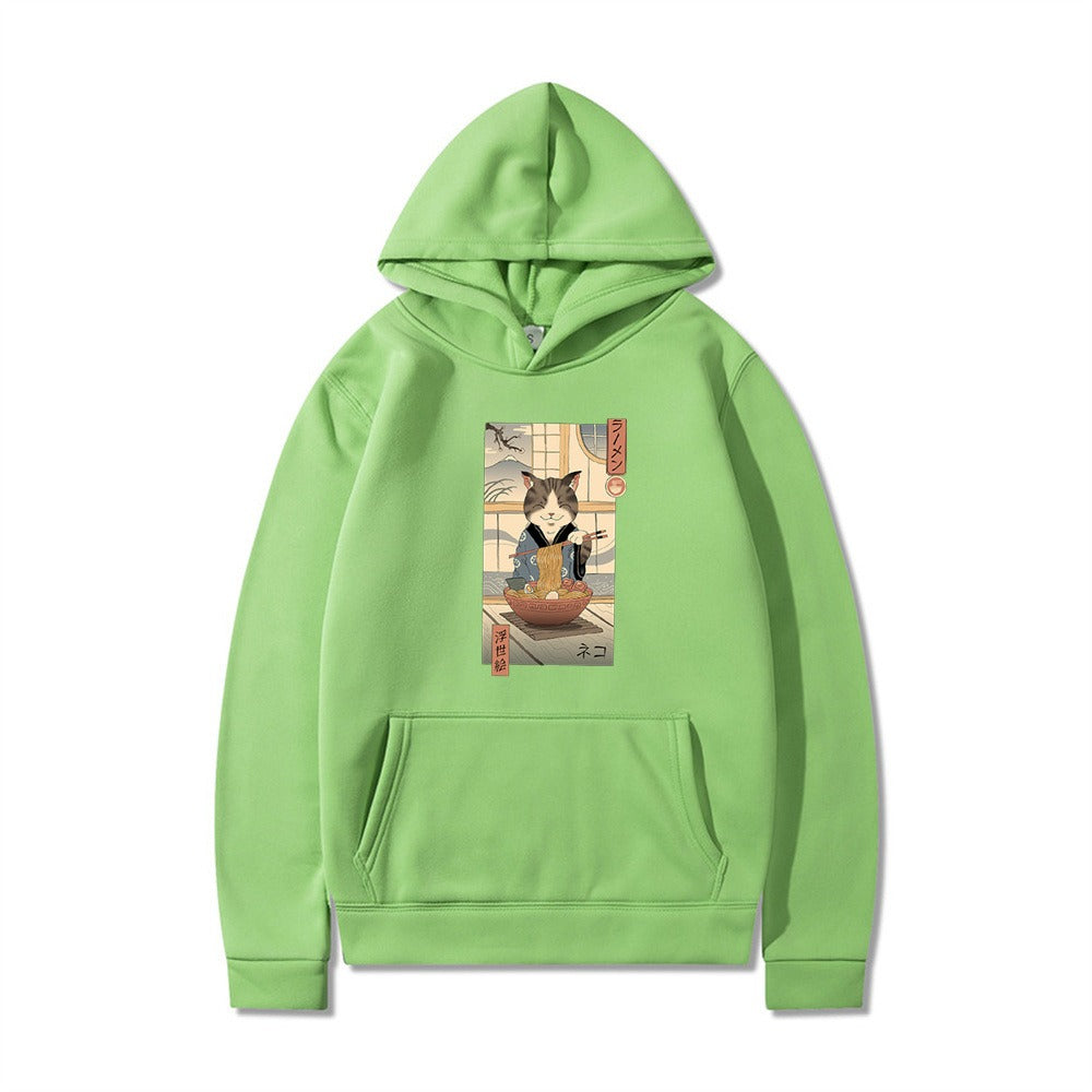 Samurai Cat Harajuku Wind Adventure Illustration Print Leisure Life Hooded Hoodie for Men and Women