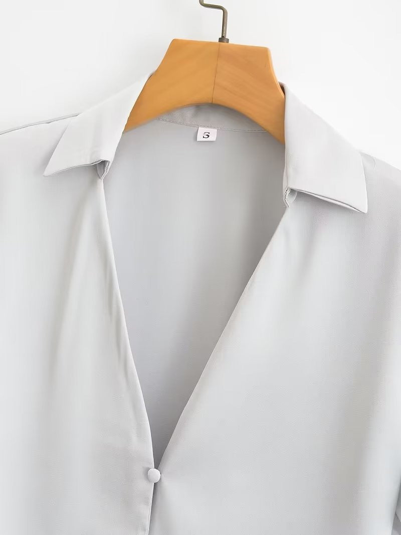 Temperament satin texture short sleeved shirt high waisted skirt