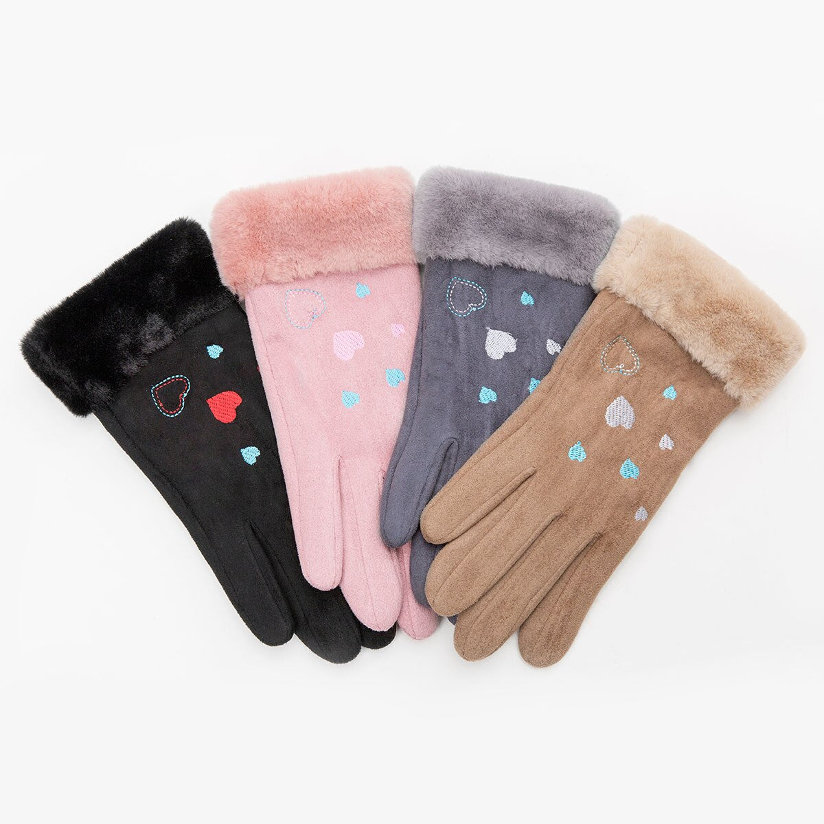 Women'S Gloves Winter Warm Color Suede Five Fingers Gloves Cute With Embroidered Heart Autumn Plus Velvet Thick Touch Screen