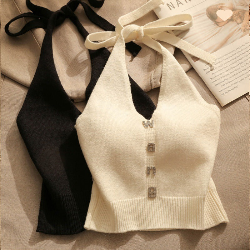 Suspended top for women's summer wear with a beautiful back and slim fit design Off the shoulder short knit vest