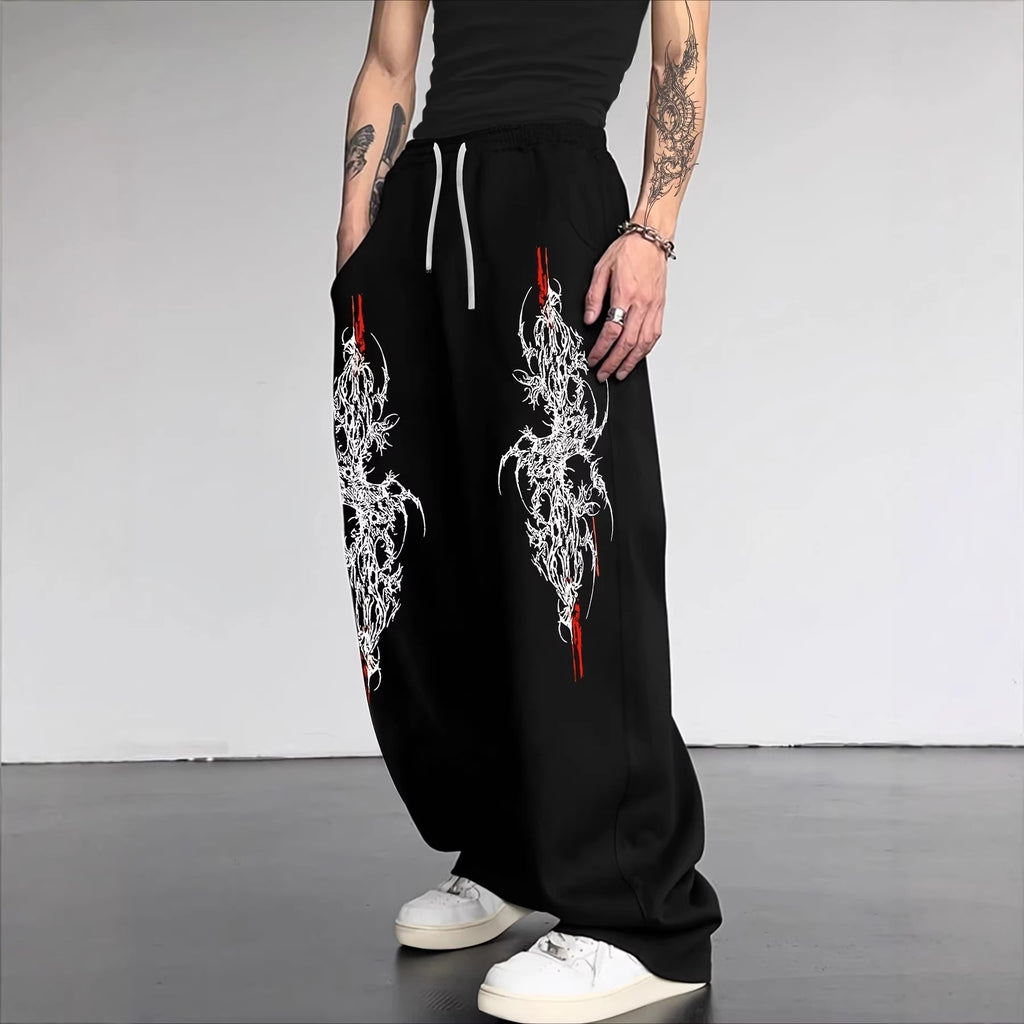 Dark Gothic Print Loose Wide Leg Drawstring Sweatpants