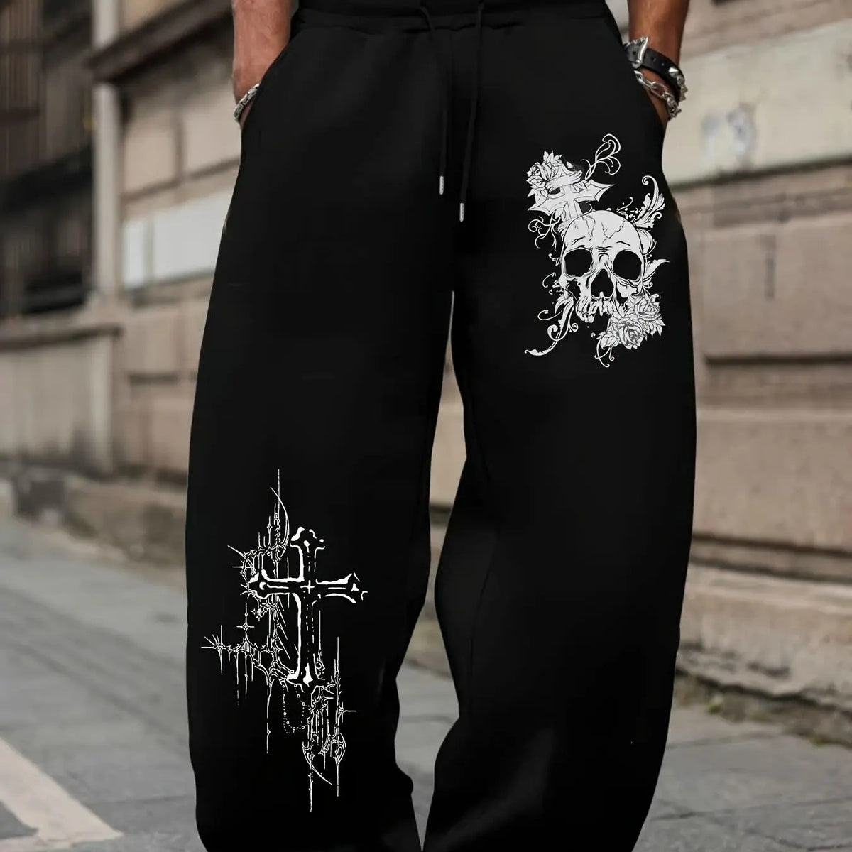 Women's Casual Gothic Skull Print High Waist Adjustable Drawstring Wide Leg Pants