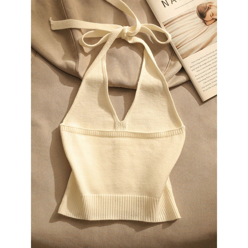 Suspended top for women's summer wear with a beautiful back and slim fit design Off the shoulder short knit vest