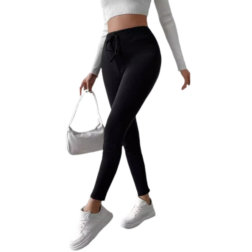 Pure Color Fleece Drawstring Slim Warm High-Waist Outerwear Leggings