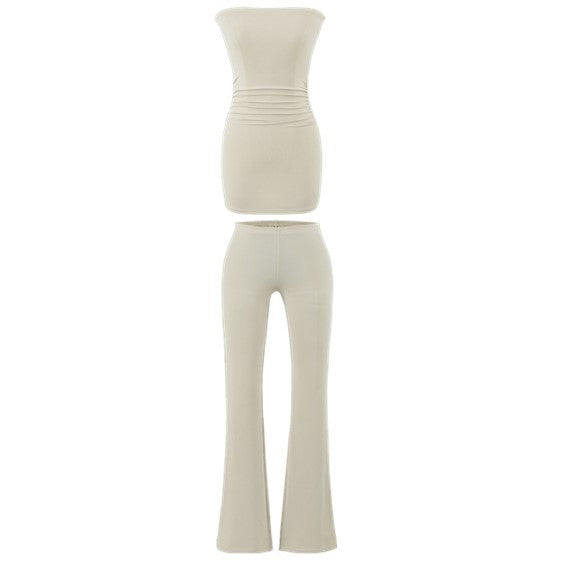 Women's Early Stretch Knit 3-Piece Set Off-Shoulder Tube Top Cropped Cardigan Flared Slim-Fit Pants