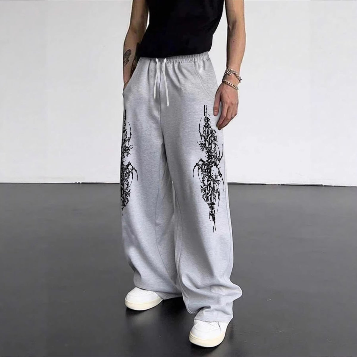 Dark Gothic Print Loose Wide Leg Drawstring Sweatpants