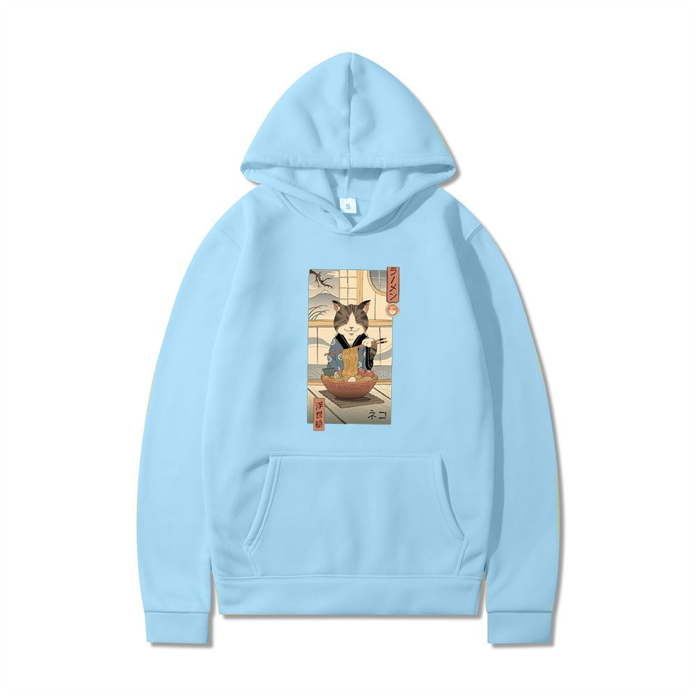 Samurai Cat Harajuku Wind Adventure Illustration Print Leisure Life Hooded Hoodie for Men and Women