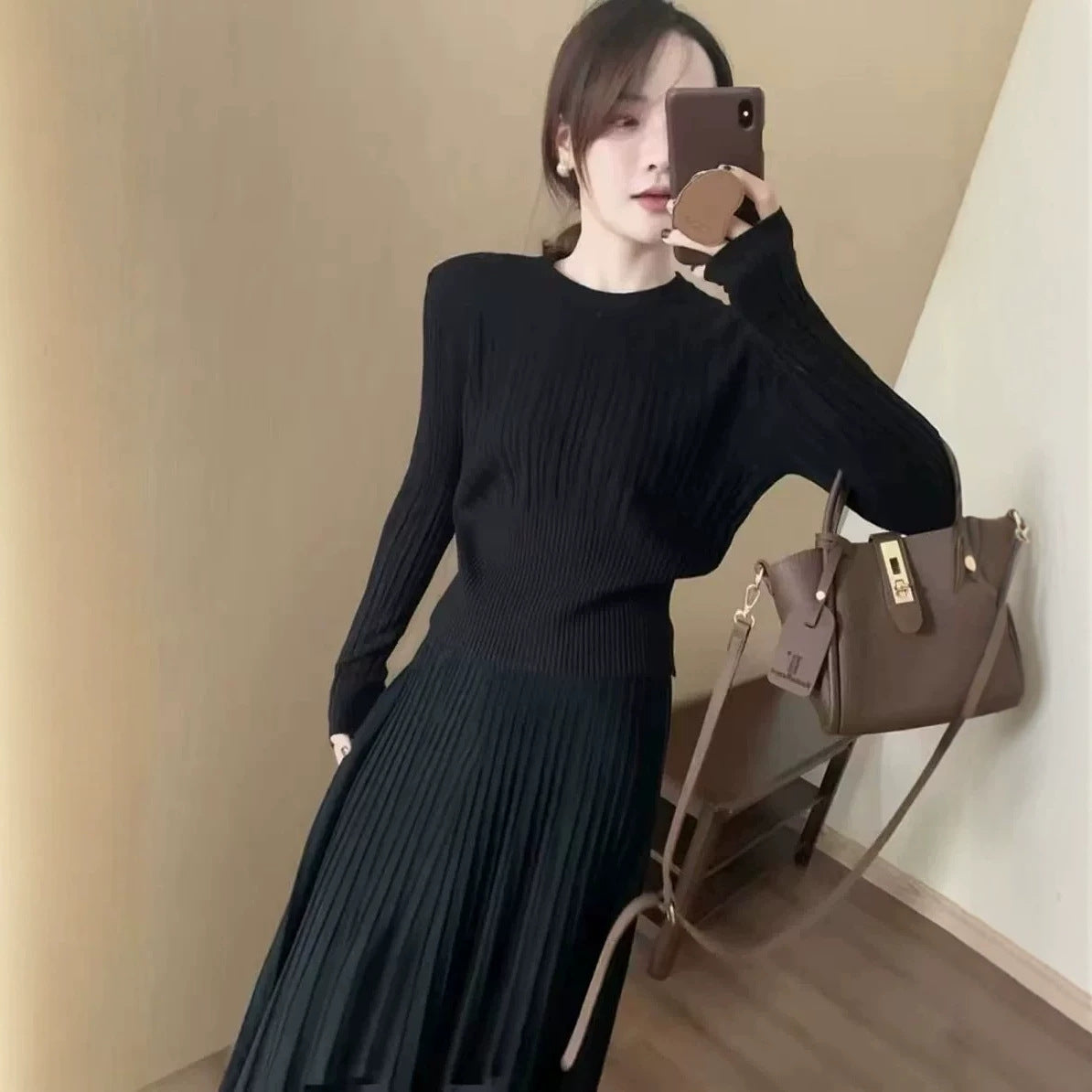 Knit Two-Piece Set Dress, Waist-Cinching Relaxed Fit Long Dress for Women