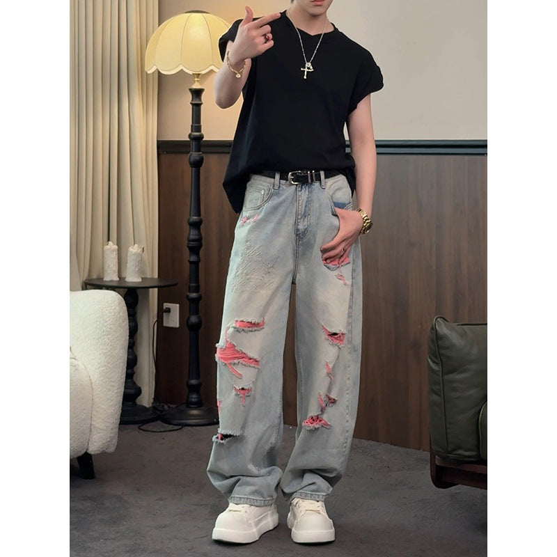 Casual Vintage Street Style Washed Denim Pants for Men, Loose Fit, Fashionable and Versatile Straight Leg Jeans