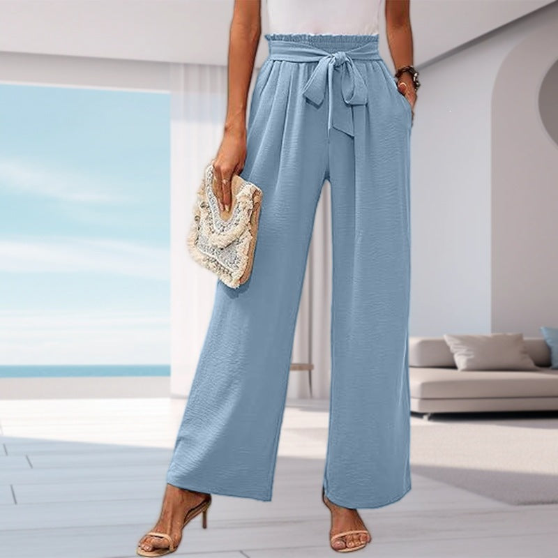 Women's solid color pocket high waist wide leg pants