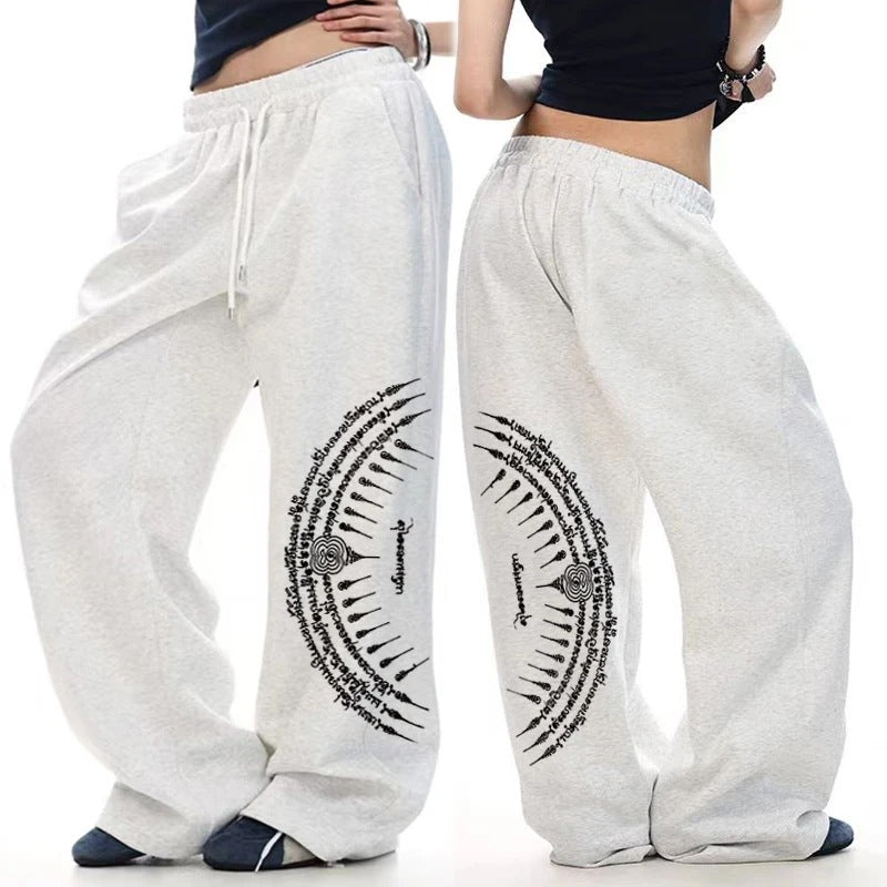 Dark Gothic Gun Print Loose Wide-Leg Drawstring Unisex Sweatpants