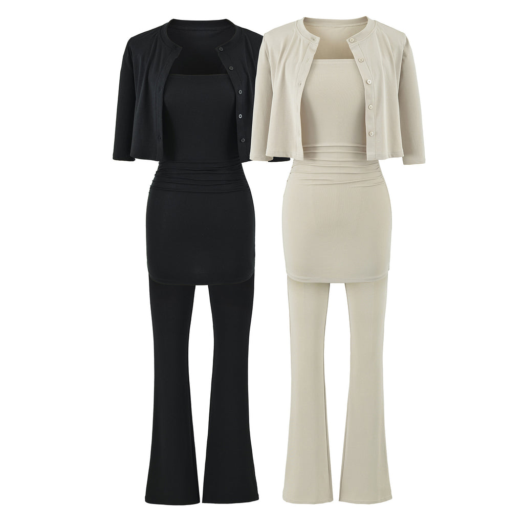 Women's Early Stretch Knit 3-Piece Set Off-Shoulder Tube Top Cropped Cardigan Flared Slim-Fit Pants