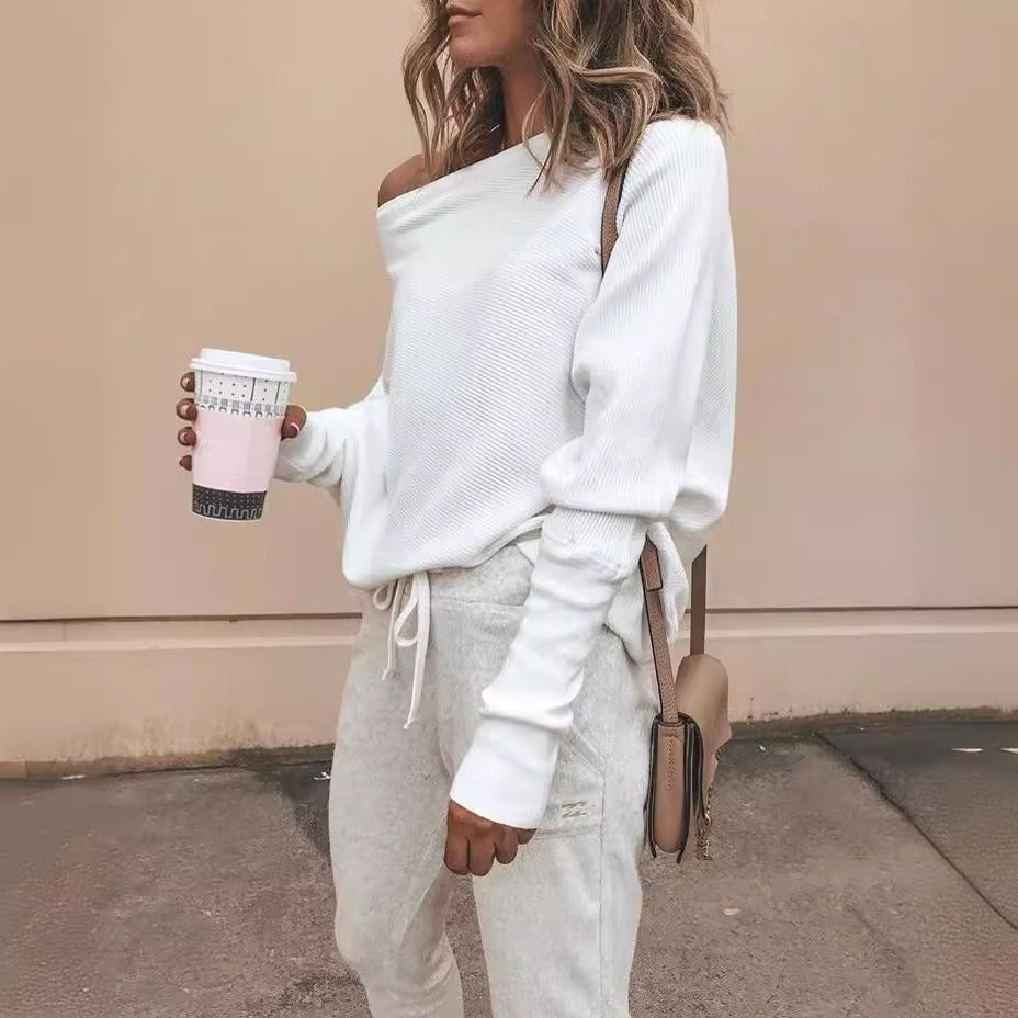 Women's autumn and winter bat long sleeved straight neck T-shirt top