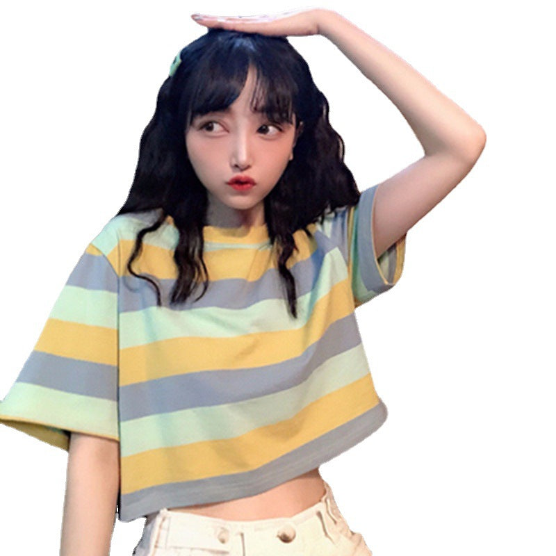 New loose rainbow striped short sleeved T-shirt for female students with exposed navel top