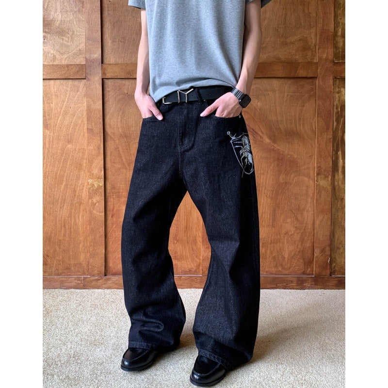 Men's American Style Black Knife-Edge Jeans High Street Cool and Fashionable Design Long Pants