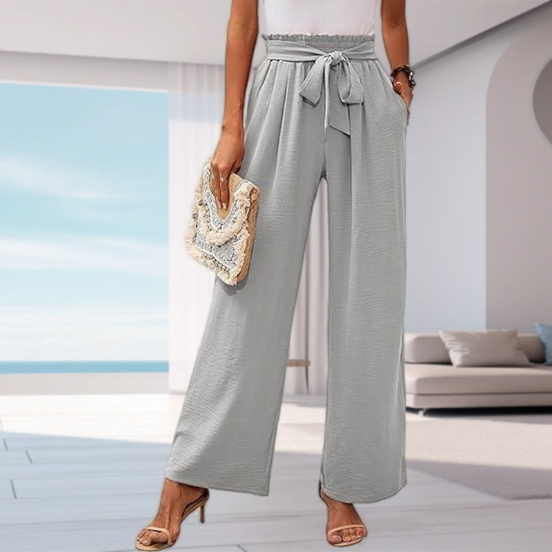 Women's solid color pocket high waist wide leg pants