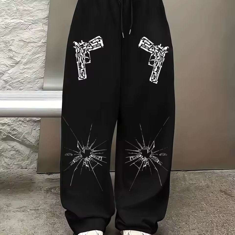 Dark Gothic Gun Print Loose Wide-Leg Drawstring Unisex Sweatpants