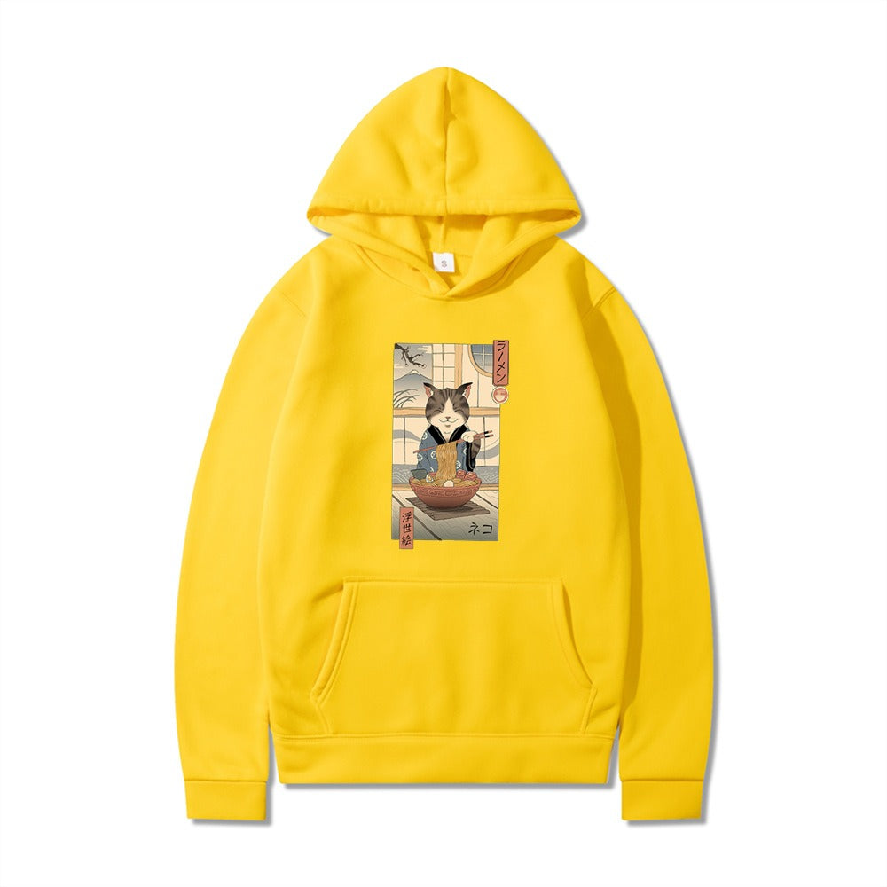 Samurai Cat Harajuku Wind Adventure Illustration Print Leisure Life Hooded Hoodie for Men and Women