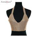 Sexy Luxury Cut Out Deep V Neck Tank Top Women Sequined Summer Shiny Rhinestone Metal Backless Crop Tops