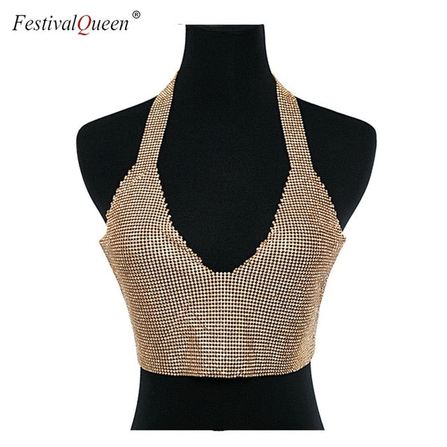 Sexy Luxury Cut Out Deep V Neck Tank Top Women Sequined Summer Shiny Rhinestone Metal Backless Crop Tops