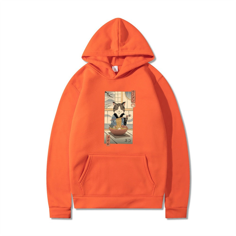 Samurai Cat Harajuku Wind Adventure Illustration Print Leisure Life Hooded Hoodie for Men and Women