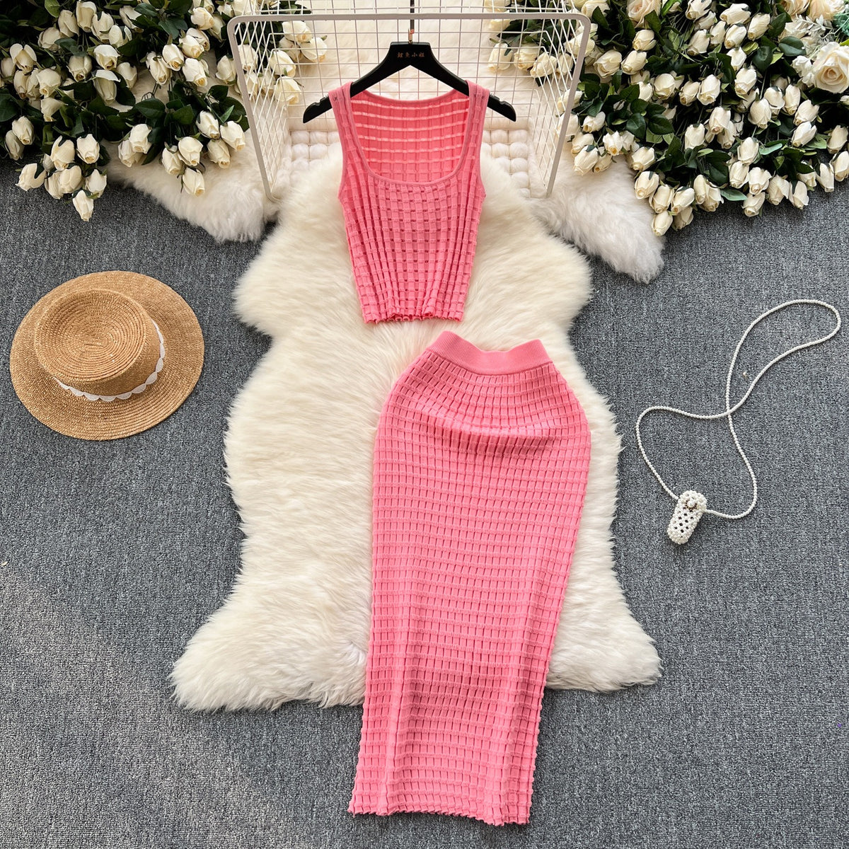 Tank top versatile high waisted skirt knit two-piece set