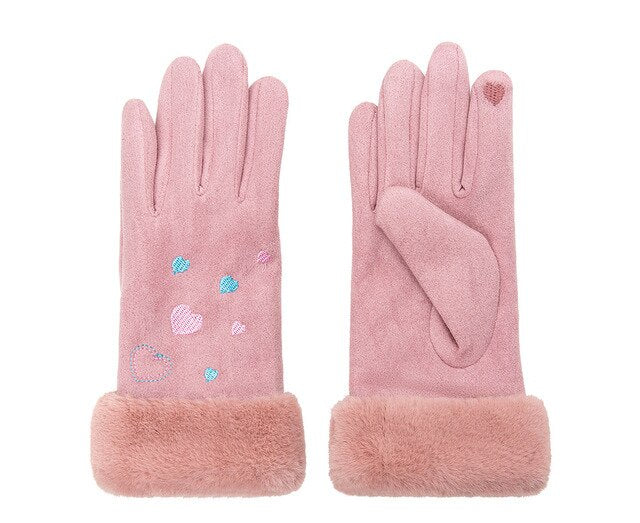 Women'S Gloves Winter Warm Color Suede Five Fingers Gloves Cute With Embroidered Heart Autumn Plus Velvet Thick Touch Screen