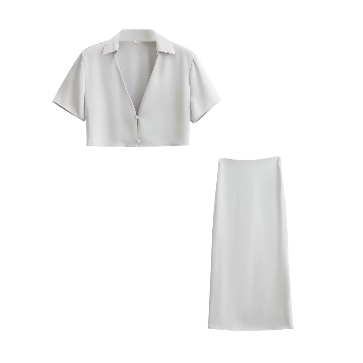 Temperament satin texture short sleeved shirt high waisted skirt