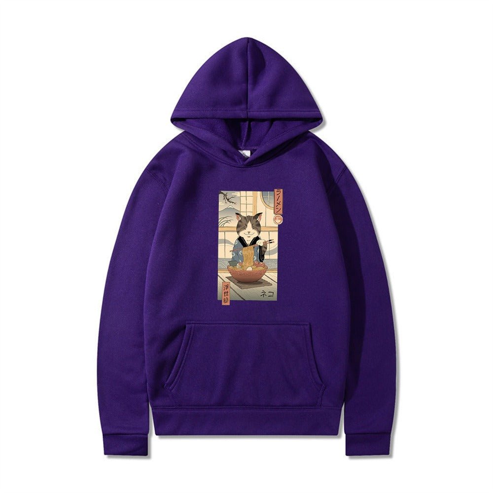 Samurai Cat Harajuku Wind Adventure Illustration Print Leisure Life Hooded Hoodie for Men and Women