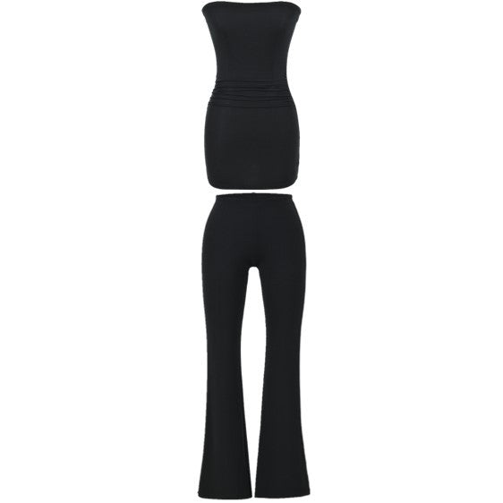 Women's Early Stretch Knit 3-Piece Set Off-Shoulder Tube Top Cropped Cardigan Flared Slim-Fit Pants