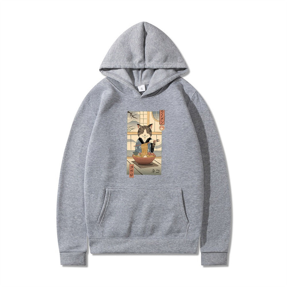 Samurai Cat Harajuku Wind Adventure Illustration Print Leisure Life Hooded Hoodie for Men and Women