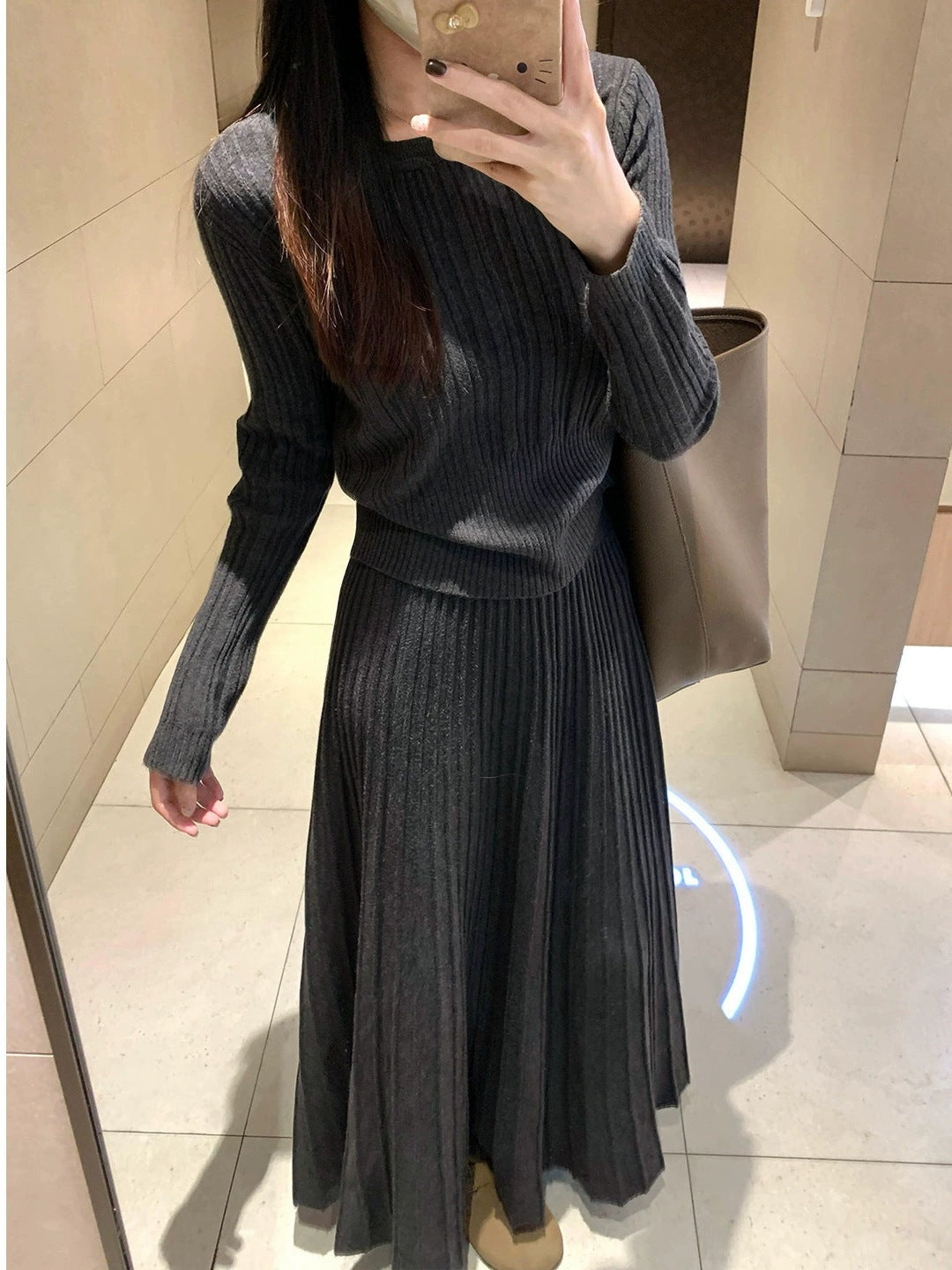 Knit Two-Piece Set Dress, Waist-Cinching Relaxed Fit Long Dress for Women